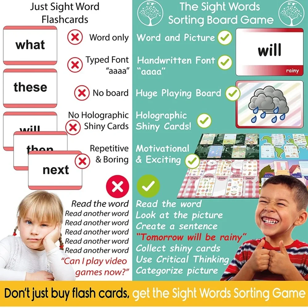 Sight Words Game for Kids - Educational Sorting Board Game with 400 Flash Cards